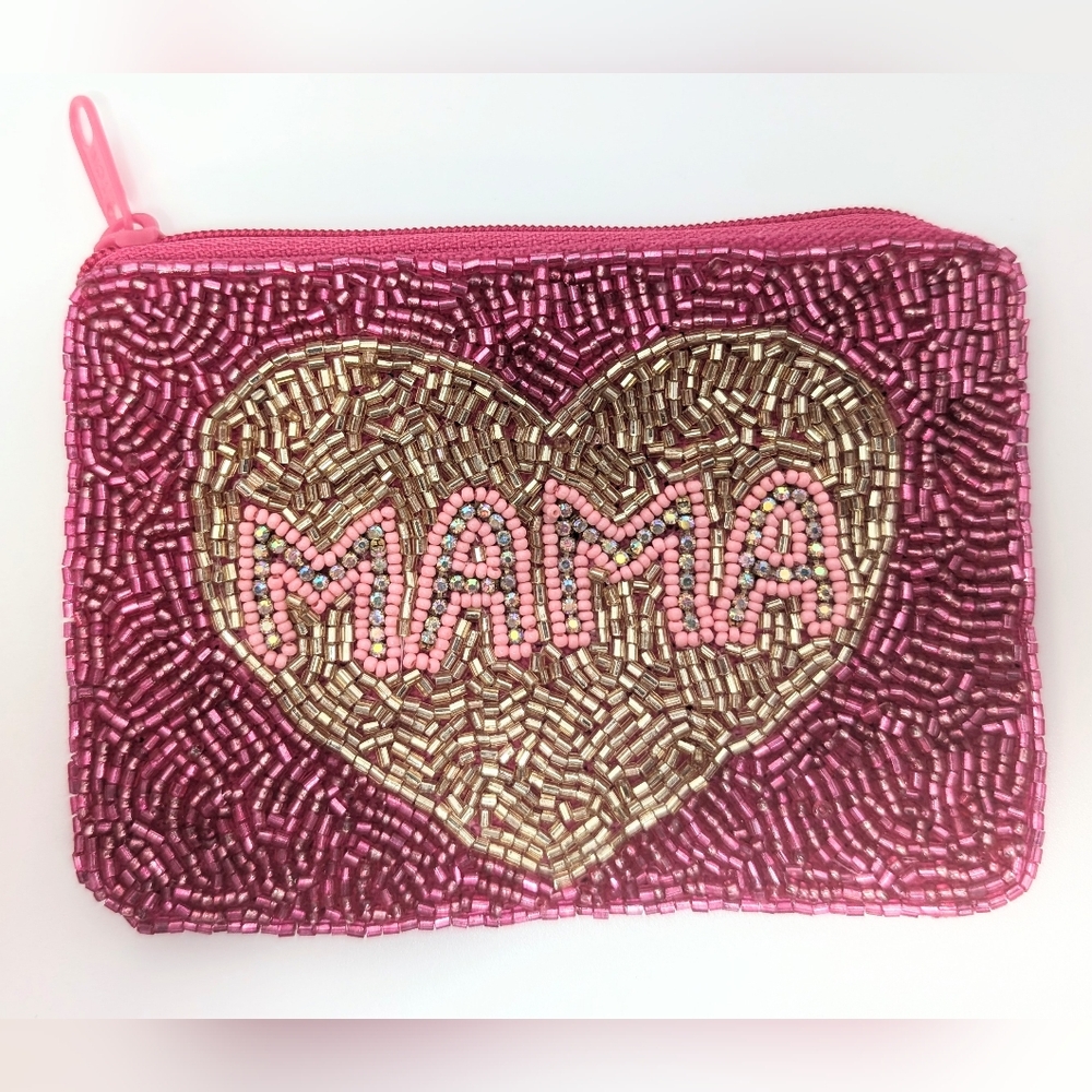 Mama Beaded Coin Purse | Pink Heart Zip Pouch Hand Beaded - Picture 2 of 2